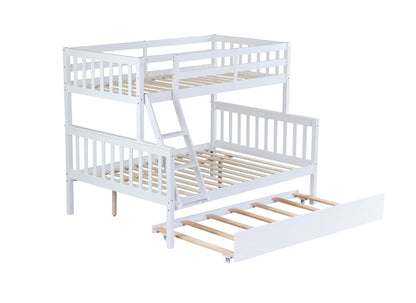 Twin Over Full Rubber Wood Bunk Bed with Trundle, Convertible Ladder and Guardrail, Detachable, Convertible Bed, with Twin Size Trundle ,White - 1st Choice Furniture Direct