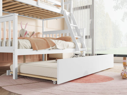 Twin Over Full Rubber Wood Bunk Bed with Trundle, Convertible Ladder and Guardrail, Detachable, Convertible Bed, with Twin Size Trundle ,White - 1st Choice Furniture Direct