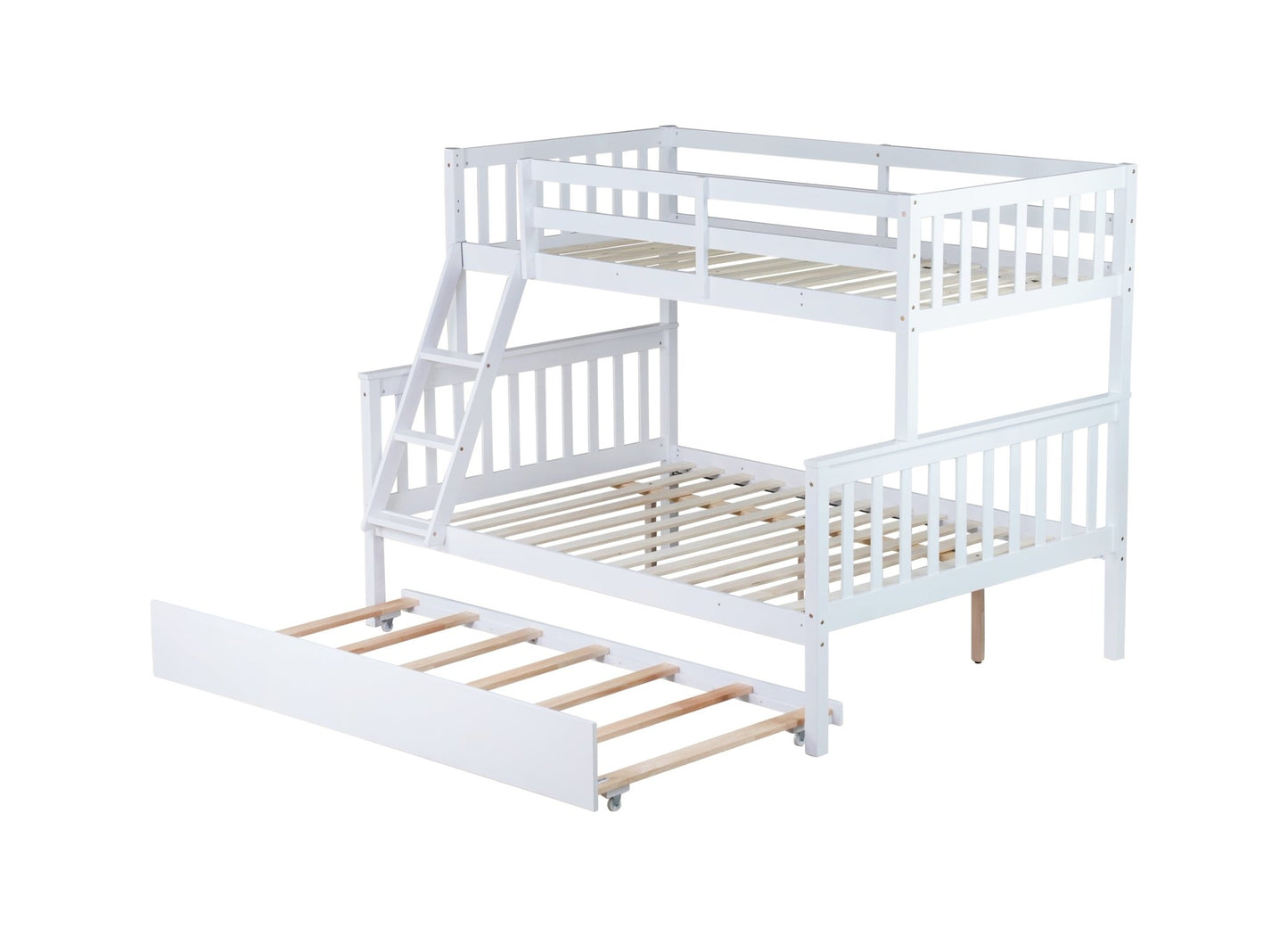 Twin Over Full Rubber Wood Bunk Bed with Trundle, Convertible Ladder and Guardrail, Detachable, Convertible Bed, with Twin Size Trundle ,White - 1st Choice Furniture Direct