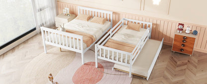 Twin Over Full Rubber Wood Bunk Bed with Trundle, Convertible Ladder and Guardrail, Detachable, Convertible Bed, with Twin Size Trundle ,White - 1st Choice Furniture Direct