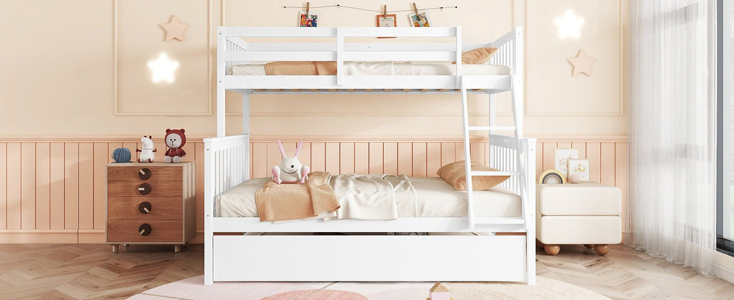 Twin Over Full Rubber Wood Bunk Bed with Trundle, Convertible Ladder and Guardrail, Detachable, Convertible Bed, with Twin Size Trundle ,White - 1st Choice Furniture Direct