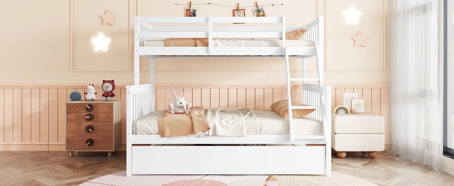 Twin Over Full Rubber Wood Bunk Bed with Trundle, Convertible Ladder and Guardrail, Detachable, Convertible Bed, with Twin Size Trundle ,White - 1st Choice Furniture Direct