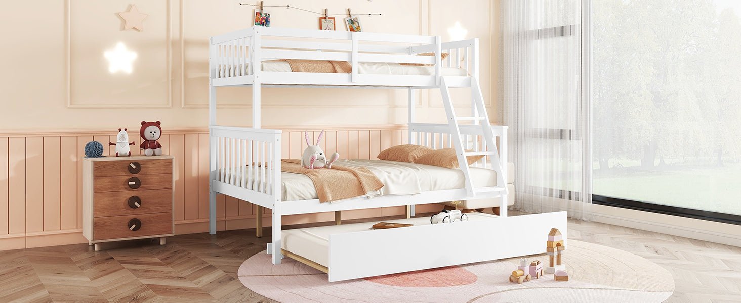 Twin Over Full Rubber Wood Bunk Bed with Trundle, Convertible Ladder and Guardrail, Detachable, Convertible Bed, with Twin Size Trundle ,White - 1st Choice Furniture Direct