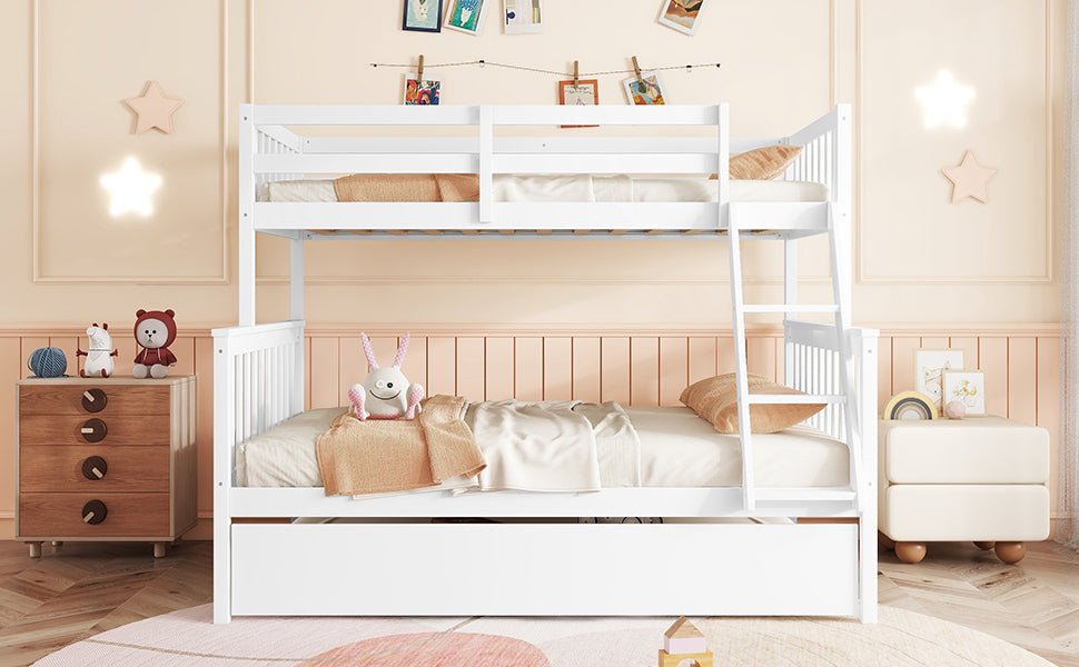 Twin Over Full Rubber Wood Bunk Bed with Trundle, Convertible Ladder and Guardrail, Detachable, Convertible Bed, with Twin Size Trundle ,White - 1st Choice Furniture Direct