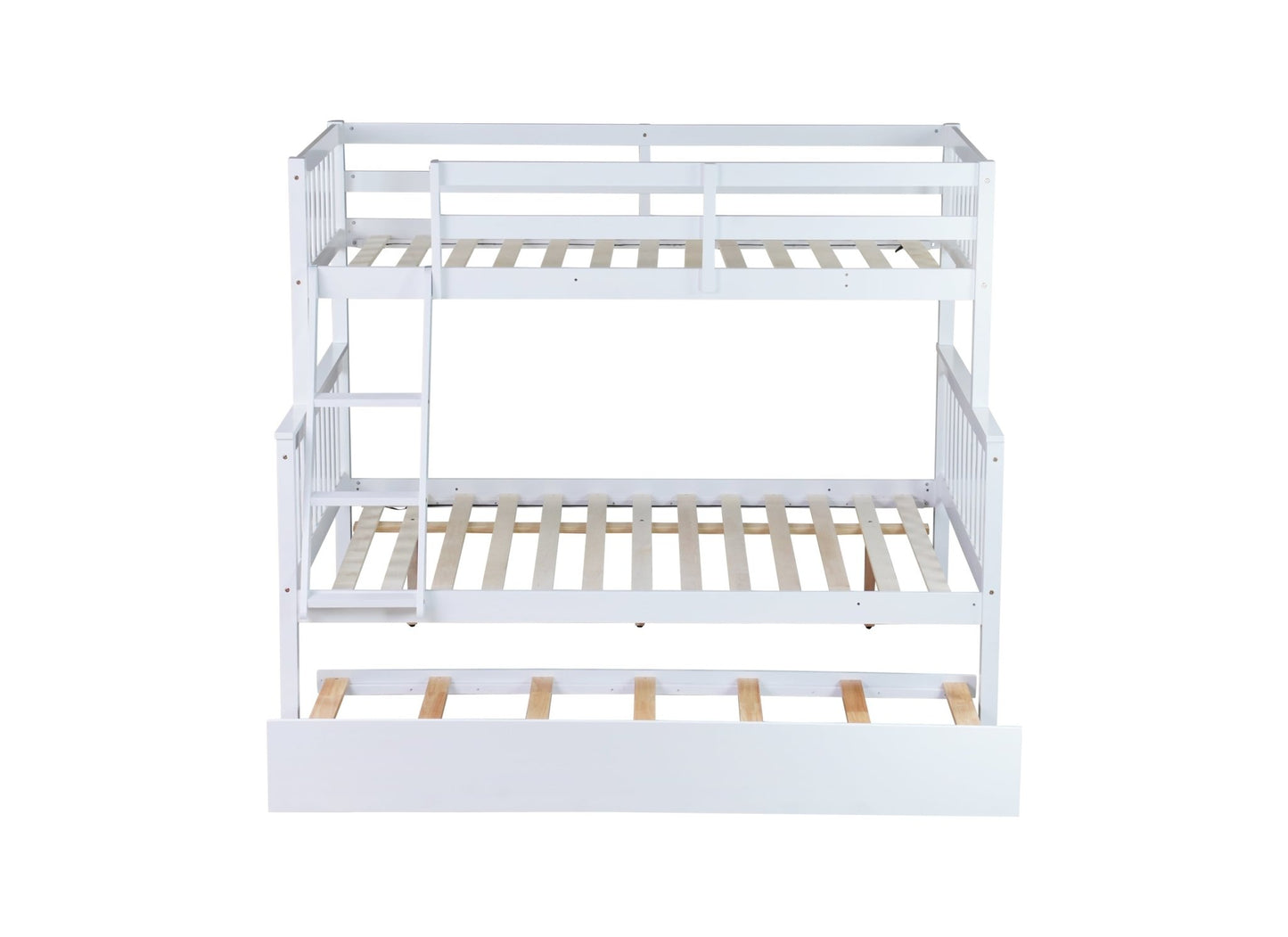Twin Over Full Rubber Wood Bunk Bed with Trundle, Convertible Ladder and Guardrail, Detachable, Convertible Bed, with Twin Size Trundle ,White - 1st Choice Furniture Direct