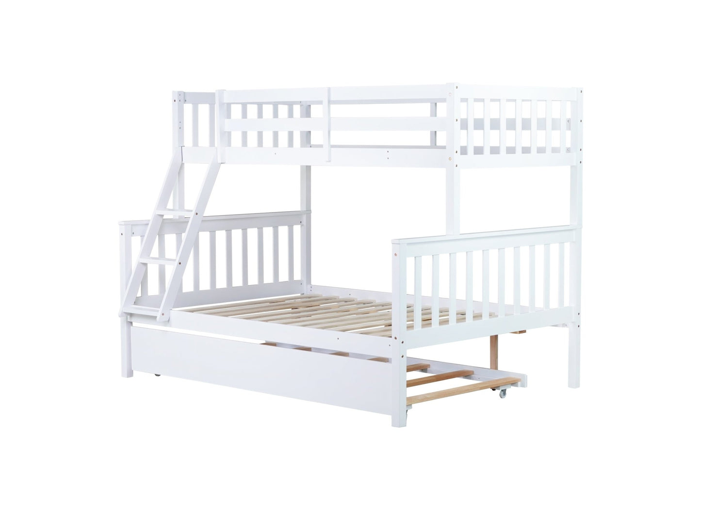 Twin Over Full Rubber Wood Bunk Bed with Trundle, Convertible Ladder and Guardrail, Detachable, Convertible Bed, with Twin Size Trundle ,White - 1st Choice Furniture Direct