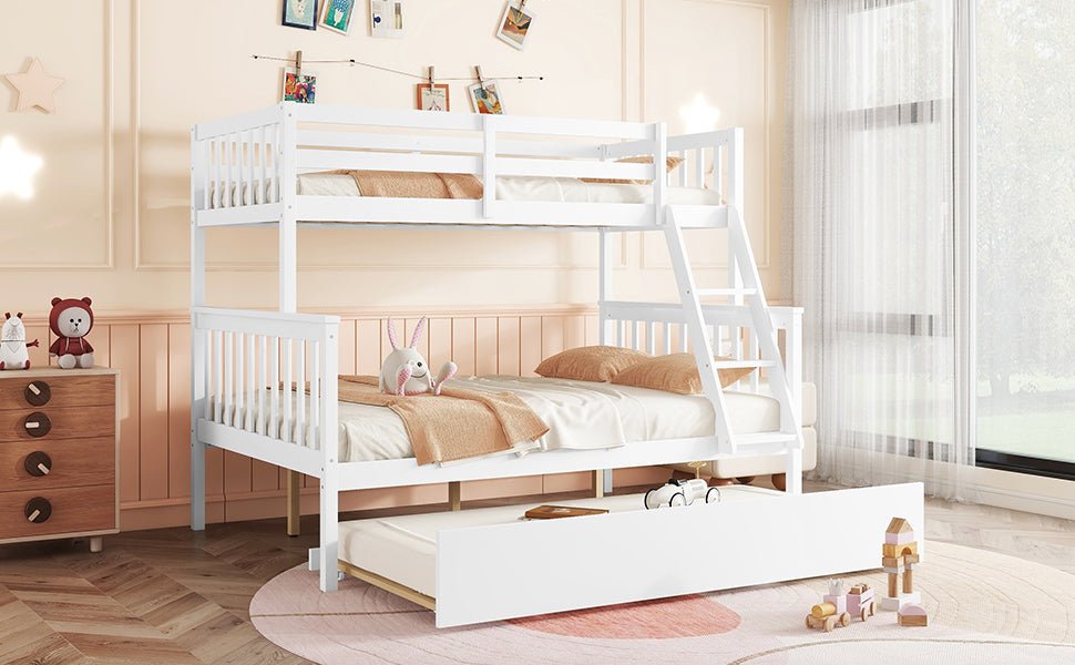 Twin Over Full Rubber Wood Bunk Bed with Trundle, Convertible Ladder and Guardrail, Detachable, Convertible Bed, with Twin Size Trundle ,White - 1st Choice Furniture Direct