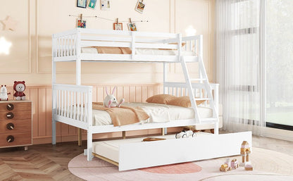 Twin Over Full Rubber Wood Bunk Bed with Trundle, Convertible Ladder and Guardrail, Detachable, Convertible Bed, with Twin Size Trundle ,White - 1st Choice Furniture Direct