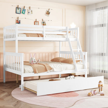 Twin Over Full Rubber Wood Bunk Bed with Trundle, Convertible Ladder and Guardrail, Detachable, Convertible Bed, with Twin Size Trundle ,White - 1st Choice Furniture Direct