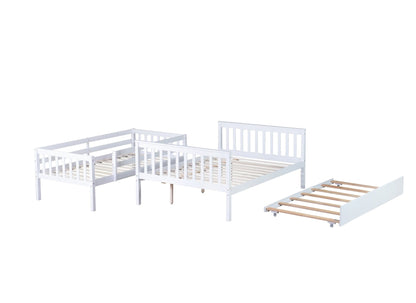 Twin Over Full Rubber Wood Bunk Bed with Trundle, Convertible Ladder and Guardrail, Detachable, Convertible Bed, with Twin Size Trundle ,White - 1st Choice Furniture Direct