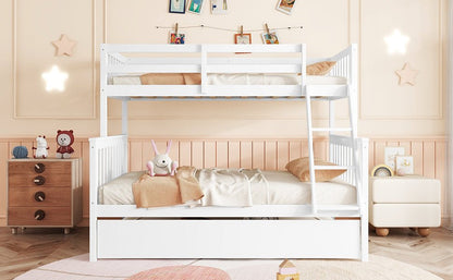 Twin Over Full Rubber Wood Bunk Bed with Trundle, Convertible Ladder and Guardrail, Detachable, Convertible Bed, with Twin Size Trundle ,White - 1st Choice Furniture Direct