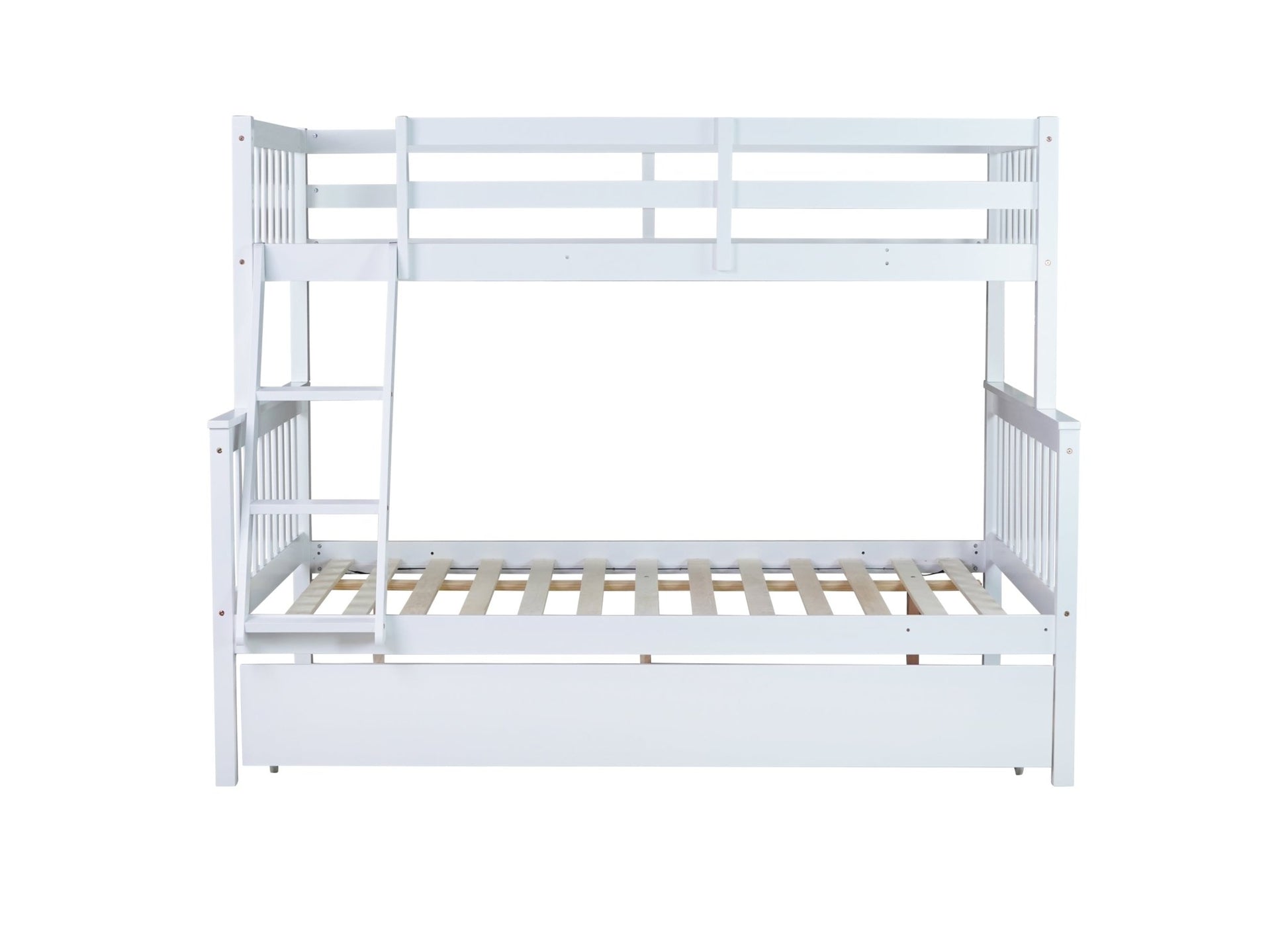 Twin Over Full Rubber Wood Bunk Bed with Trundle, Convertible Ladder and Guardrail, Detachable, Convertible Bed, with Twin Size Trundle ,White - 1st Choice Furniture Direct