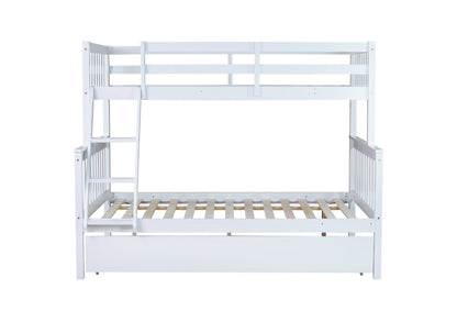Twin Over Full Rubber Wood Bunk Bed with Trundle, Convertible Ladder and Guardrail, Detachable, Convertible Bed, with Twin Size Trundle ,White - 1st Choice Furniture Direct