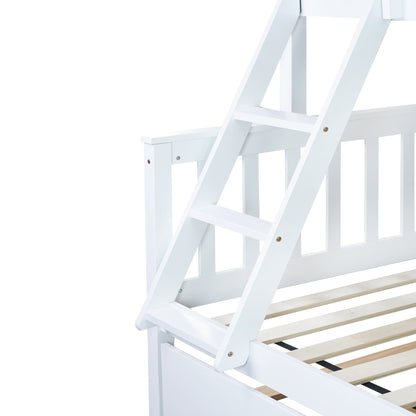 Twin Over Full Rubber Wood Bunk Bed with Trundle, Convertible Ladder and Guardrail, Detachable, Convertible Bed, with Twin Size Trundle ,White - 1st Choice Furniture Direct