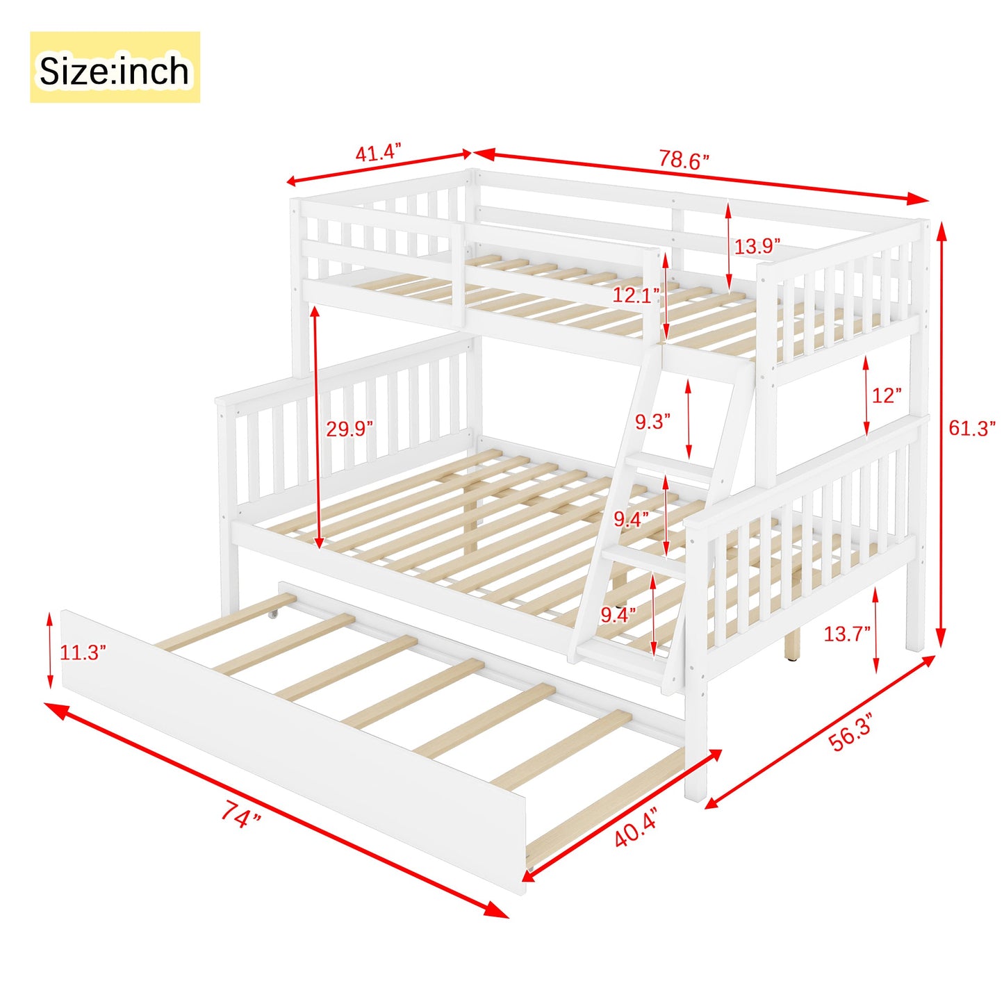 Twin Over Full Rubber Wood Bunk Bed with Trundle, Convertible Ladder and Guardrail, Detachable, Convertible Bed, with Twin Size Trundle ,White - 1st Choice Furniture Direct