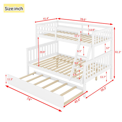 Twin Over Full Rubber Wood Bunk Bed with Trundle, Convertible Ladder and Guardrail, Detachable, Convertible Bed, with Twin Size Trundle ,White - 1st Choice Furniture Direct