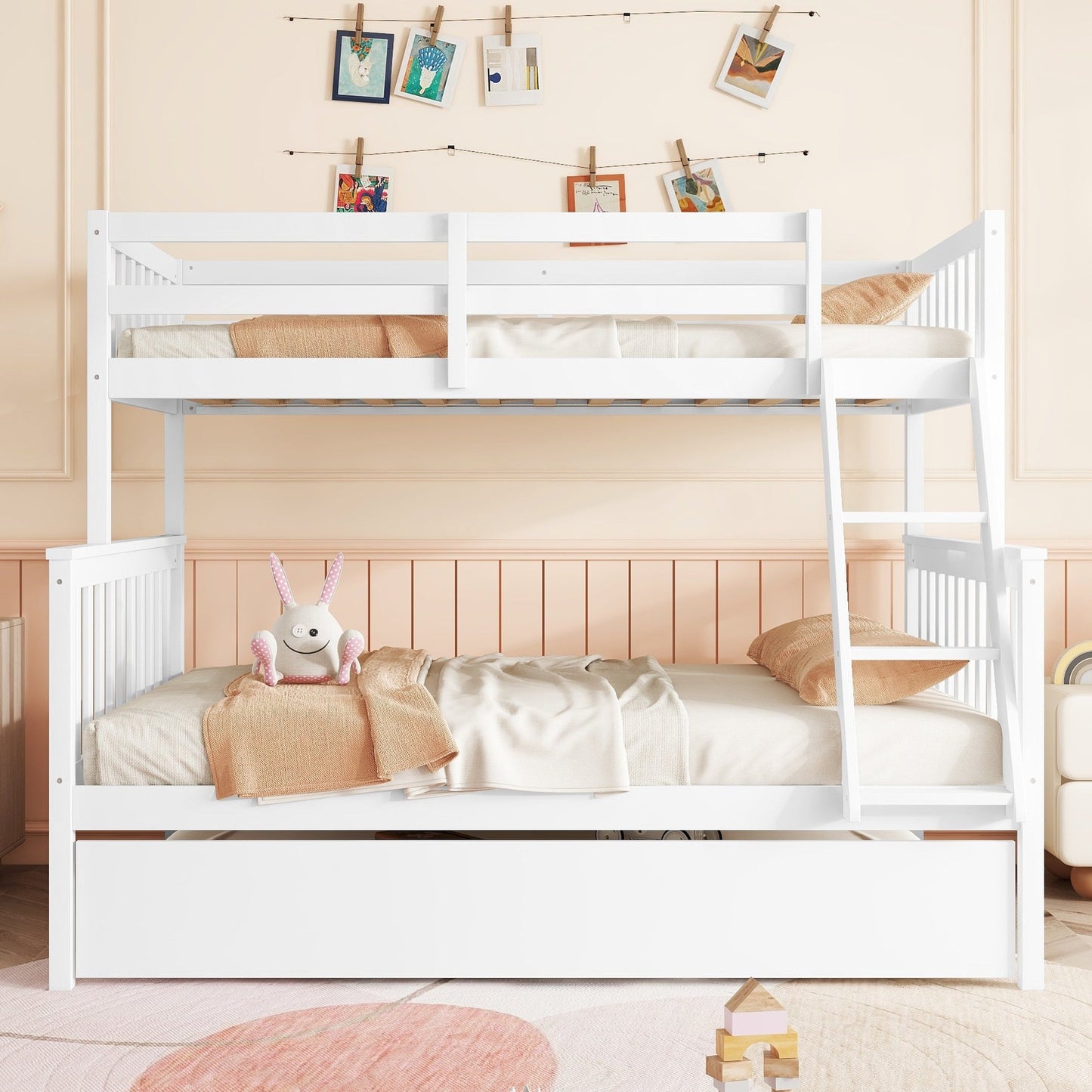 Twin Over Full Rubber Wood Bunk Bed with Trundle, Convertible Ladder and Guardrail, Detachable, Convertible Bed, with Twin Size Trundle ,White - 1st Choice Furniture Direct