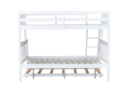 Twin Over Full Rubber Wood Bunk Bed with Trundle, Convertible Ladder and Guardrail, Detachable, Convertible Bed, with Twin Size Trundle ,White - 1st Choice Furniture Direct