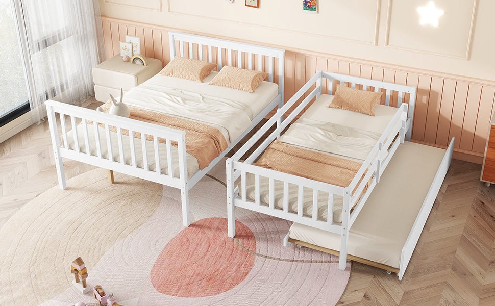 Twin Over Full Rubber Wood Bunk Bed with Trundle, Convertible Ladder and Guardrail, Detachable, Convertible Bed, with Twin Size Trundle ,White - 1st Choice Furniture Direct