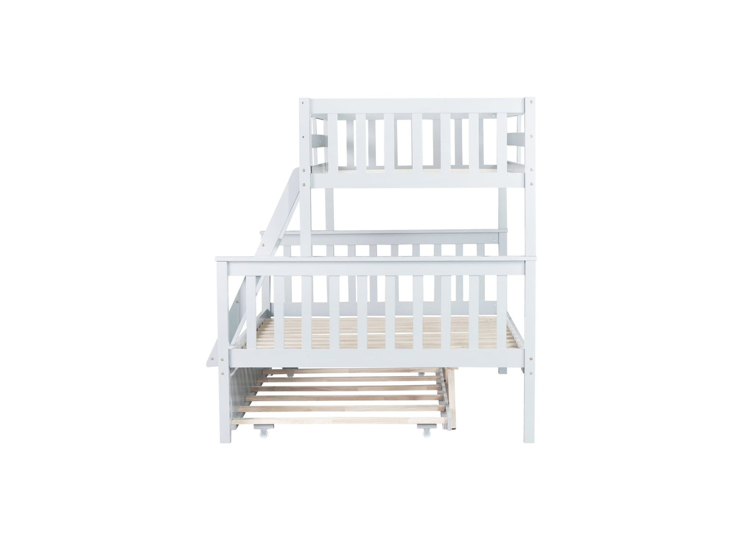 Twin Over Full Rubber Wood Bunk Bed with Trundle, Convertible Ladder and Guardrail, Detachable, Convertible Bed, with Twin Size Trundle ,White - 1st Choice Furniture Direct