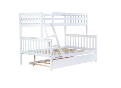 Twin Over Full Rubber Wood Bunk Bed with Trundle, Convertible Ladder and Guardrail, Detachable, Convertible Bed, with Twin Size Trundle ,White - 1st Choice Furniture Direct