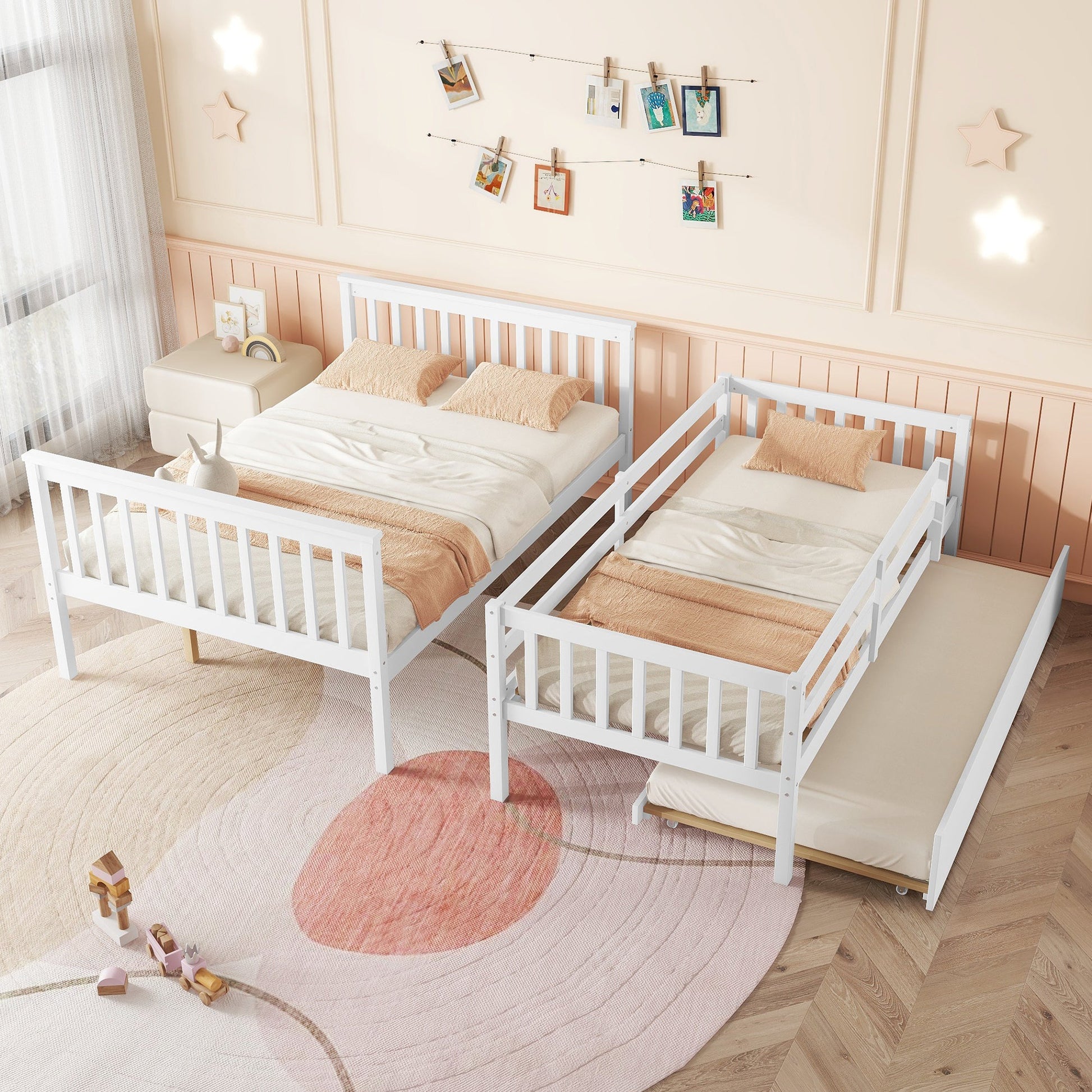 Twin Over Full Rubber Wood Bunk Bed with Trundle, Convertible Ladder and Guardrail, Detachable, Convertible Bed, with Twin Size Trundle ,White - 1st Choice Furniture Direct