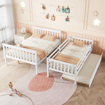Twin Over Full Rubber Wood Bunk Bed with Trundle, Convertible Ladder and Guardrail, Detachable, Convertible Bed, with Twin Size Trundle ,White - 1st Choice Furniture Direct