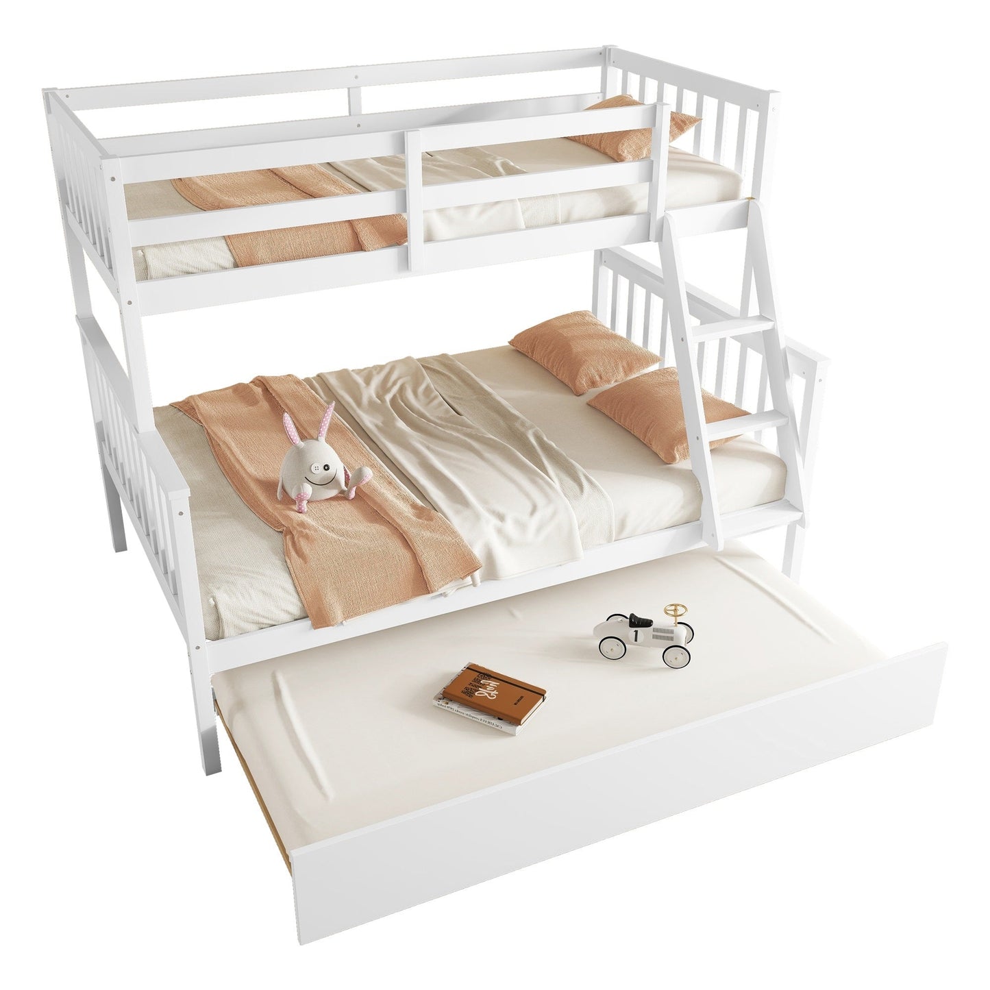 Twin Over Full Rubber Wood Bunk Bed with Trundle, Convertible Ladder and Guardrail, Detachable, Convertible Bed, with Twin Size Trundle ,White - 1st Choice Furniture Direct