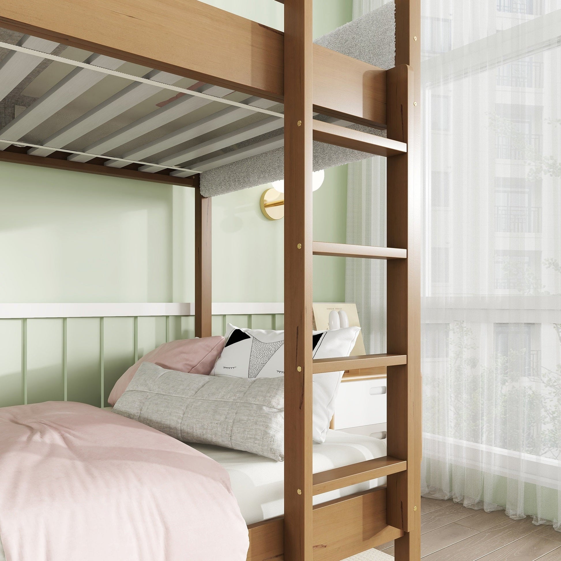 Twin Over Twin Bunk Bed with Boucle Upholstered Headboard and Footboard,Ladder, Safety Guardrails,Rubber Wooden Bunk Bed,Natural - 1st Choice Furniture Direct