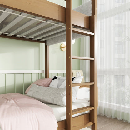 Twin Over Twin Bunk Bed with Boucle Upholstered Headboard and Footboard,Ladder, Safety Guardrails,Rubber Wooden Bunk Bed,Natural - 1st Choice Furniture Direct