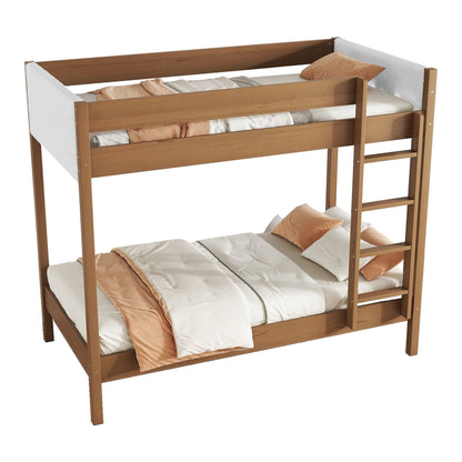 Twin Over Twin Bunk Bed with Boucle Upholstered Headboard and Footboard,Ladder, Safety Guardrails,Rubber Wooden Bunk Bed,Natural - 1st Choice Furniture Direct