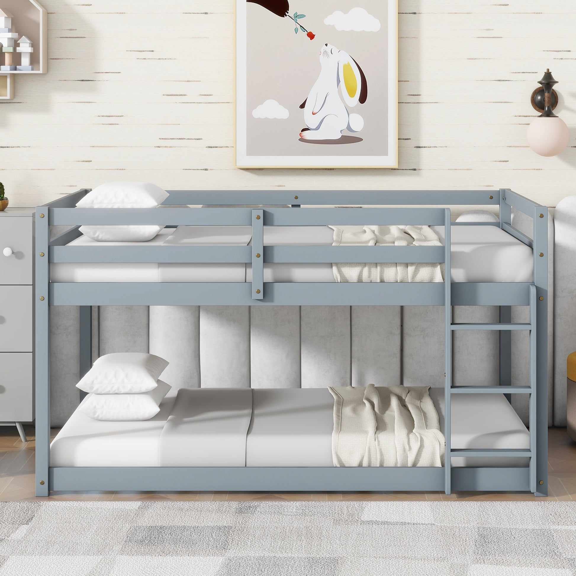 Twin Over Twin Floor Bunk Bed with Ladder | Grey Kids Bunk Bed - 1st Choice Furniture Direct
