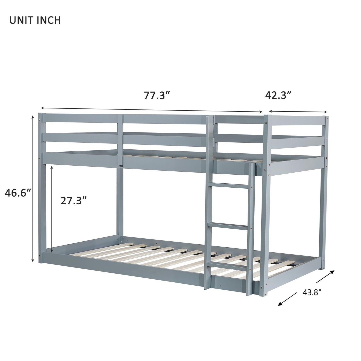 Twin Over Twin Floor Bunk Bed with Ladder | Grey Kids Bunk Bed - 1st Choice Furniture Direct