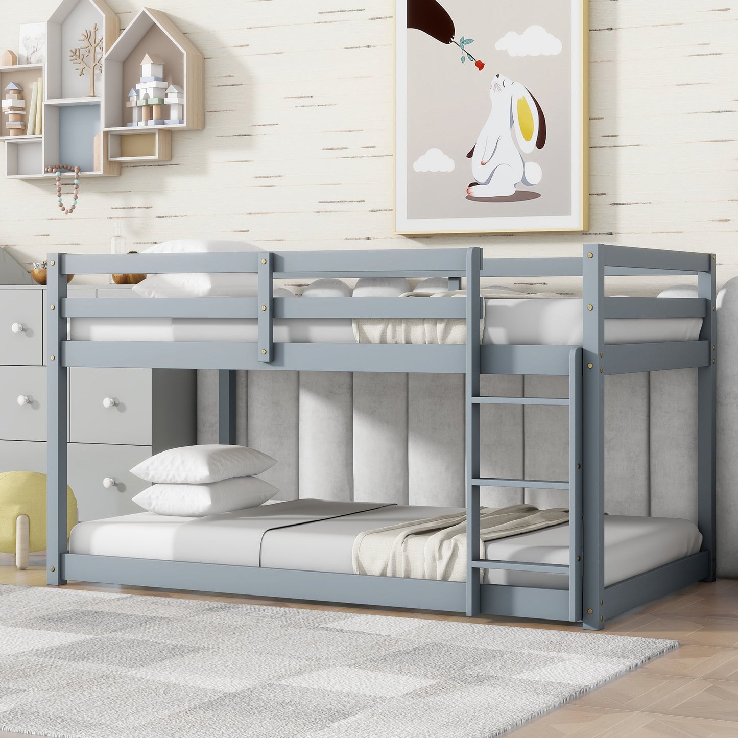 Twin Over Twin Floor Bunk Bed with Ladder | Grey Kids Bunk Bed - 1st Choice Furniture Direct