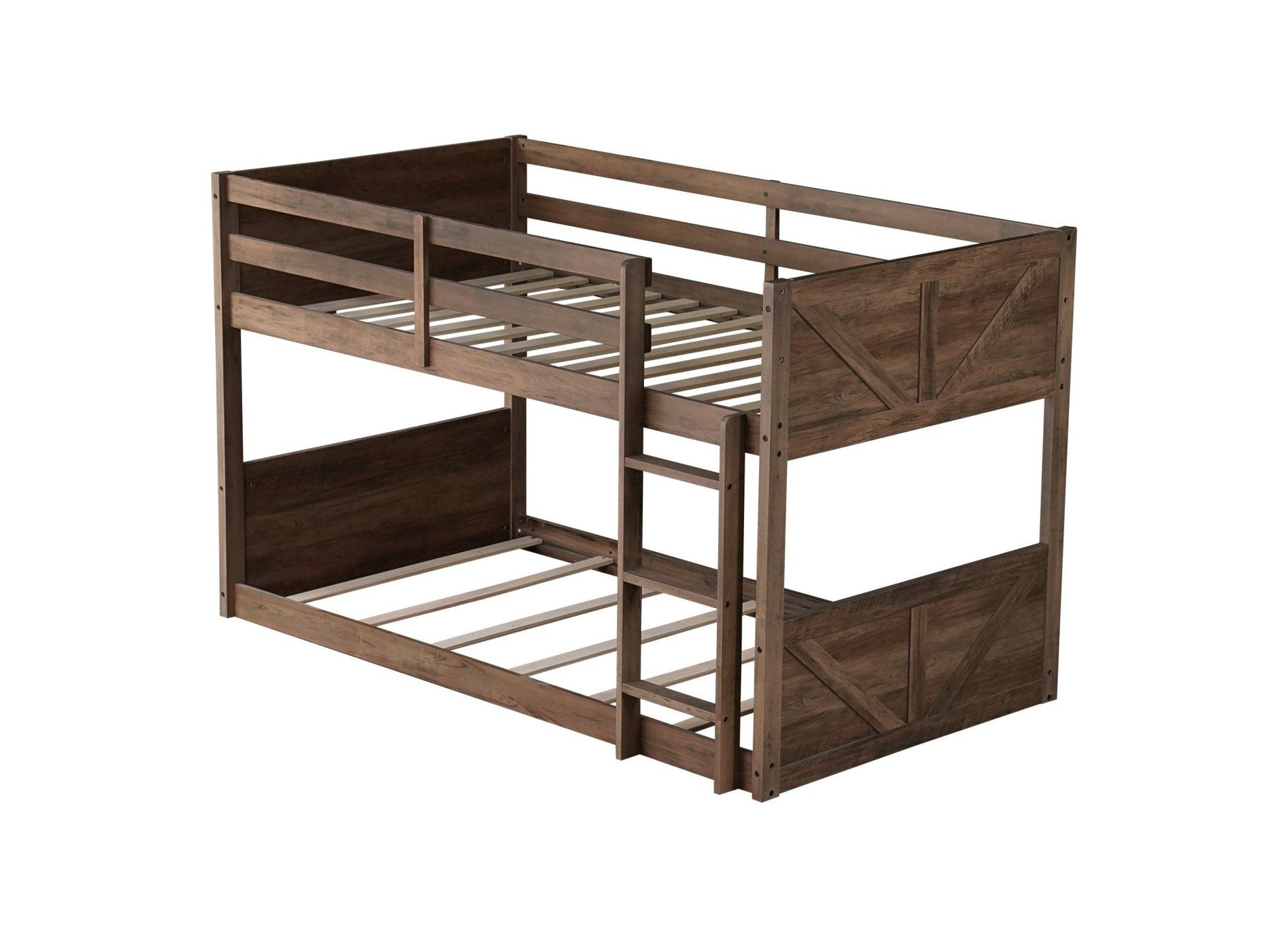 Twin over Twin Floor Bunk Bed with Panelled Headboard and Footboard, Solid Rubber Wood Foundation with Safety Guardrails, Built - in ladder,Antique Oak - 1st Choice Furniture Direct