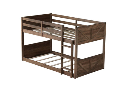 Twin over Twin Floor Bunk Bed with Panelled Headboard and Footboard, Solid Rubber Wood Foundation with Safety Guardrails, Built - in ladder,Antique Oak - 1st Choice Furniture Direct