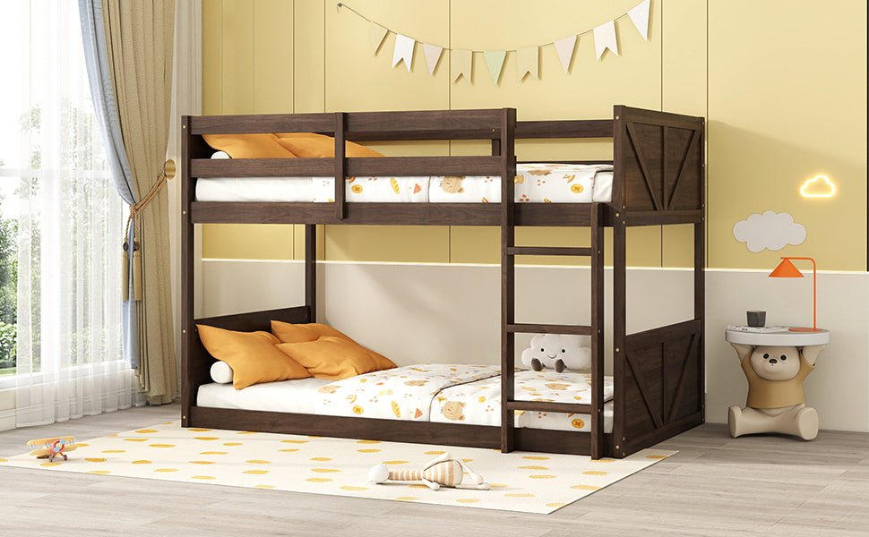 Twin over Twin Floor Bunk Bed with Panelled Headboard and Footboard, Solid Rubber Wood Foundation with Safety Guardrails, Built - in ladder,Antique Oak - 1st Choice Furniture Direct
