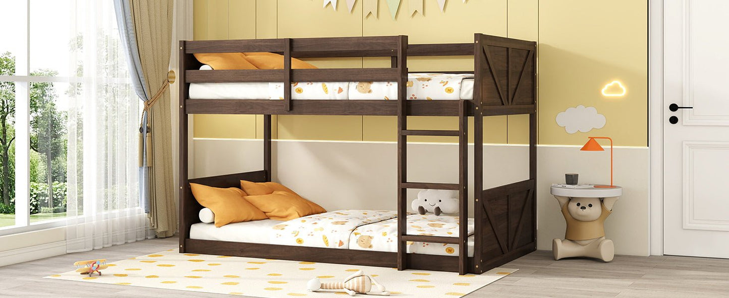 Twin over Twin Floor Bunk Bed with Panelled Headboard and Footboard, Solid Rubber Wood Foundation with Safety Guardrails, Built - in ladder,Antique Oak - 1st Choice Furniture Direct
