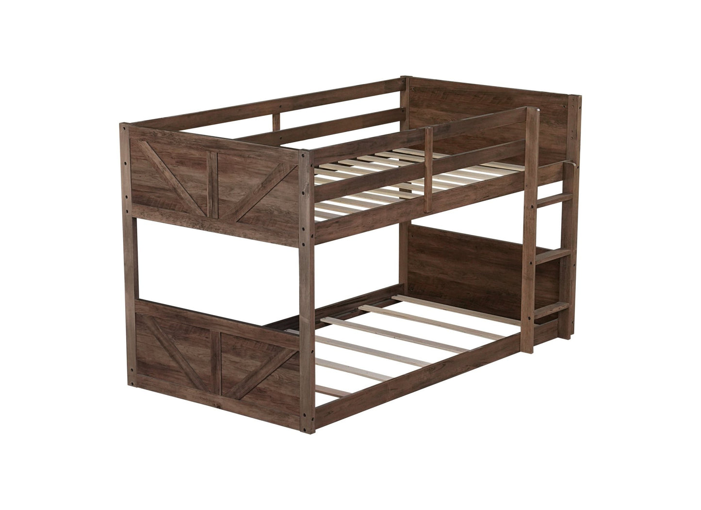 Twin over Twin Floor Bunk Bed with Panelled Headboard and Footboard, Solid Rubber Wood Foundation with Safety Guardrails, Built - in ladder,Antique Oak - 1st Choice Furniture Direct