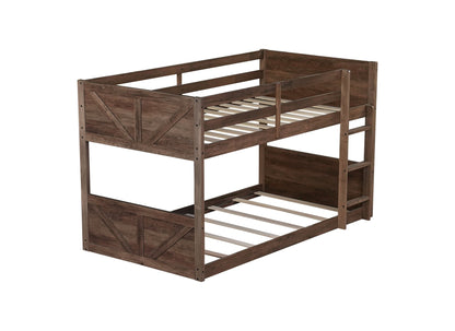 Twin over Twin Floor Bunk Bed with Panelled Headboard and Footboard, Solid Rubber Wood Foundation with Safety Guardrails, Built - in ladder,Antique Oak - 1st Choice Furniture Direct