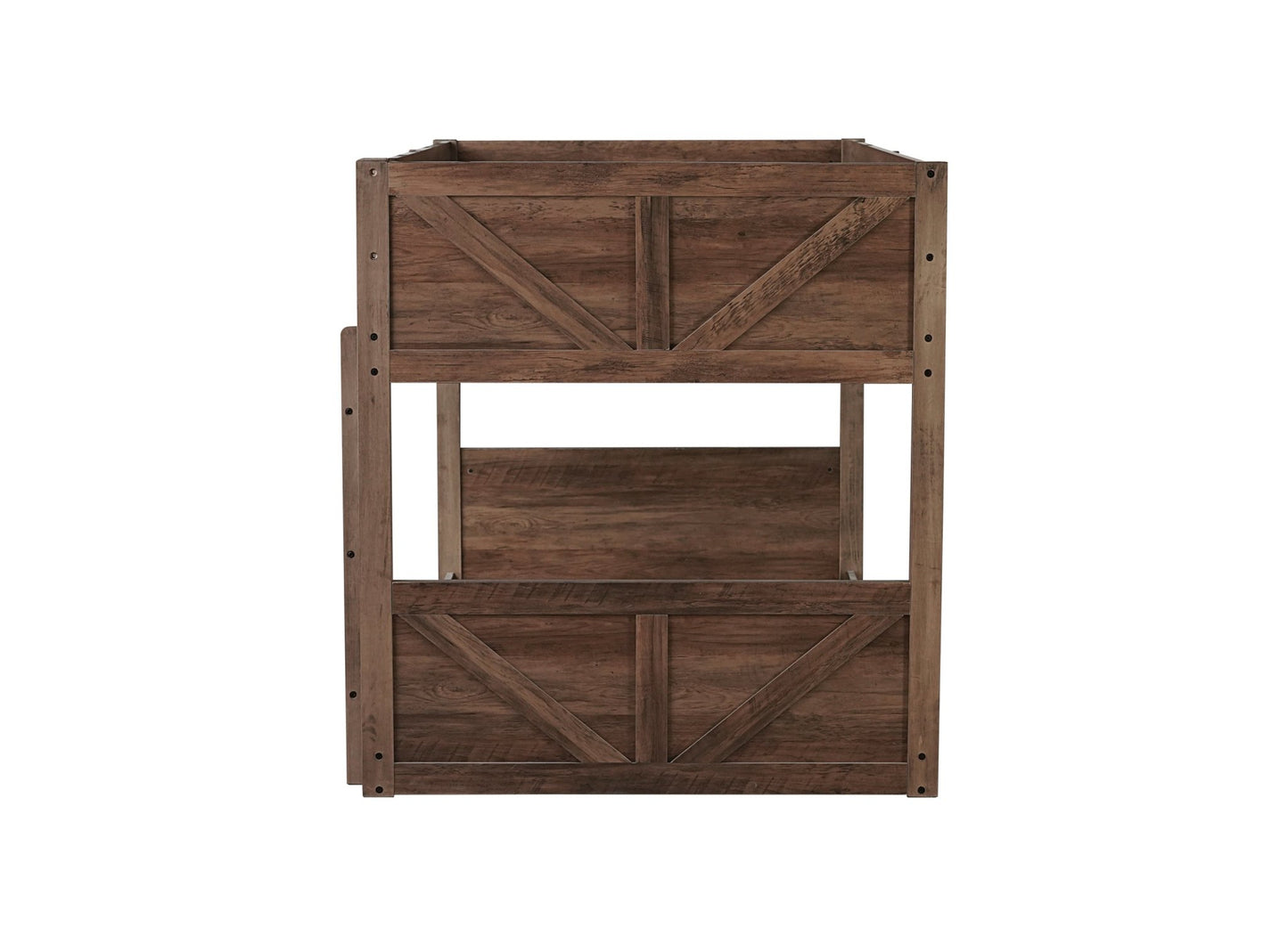 Twin over Twin Floor Bunk Bed with Panelled Headboard and Footboard, Solid Rubber Wood Foundation with Safety Guardrails, Built - in ladder,Antique Oak - 1st Choice Furniture Direct