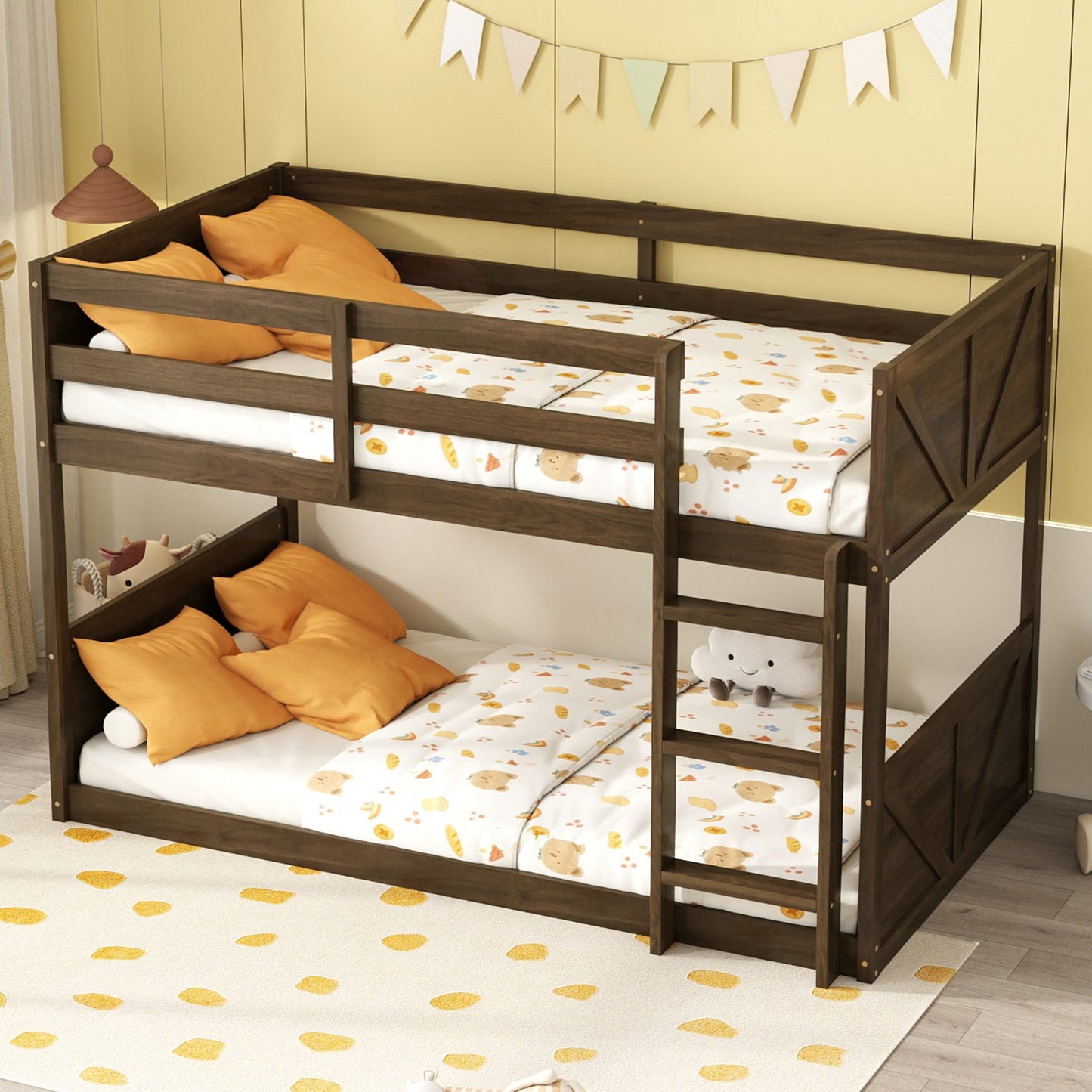 Twin over Twin Floor Bunk Bed with Panelled Headboard and Footboard, Solid Rubber Wood Foundation with Safety Guardrails, Built - in ladder,Antique Oak - 1st Choice Furniture Direct