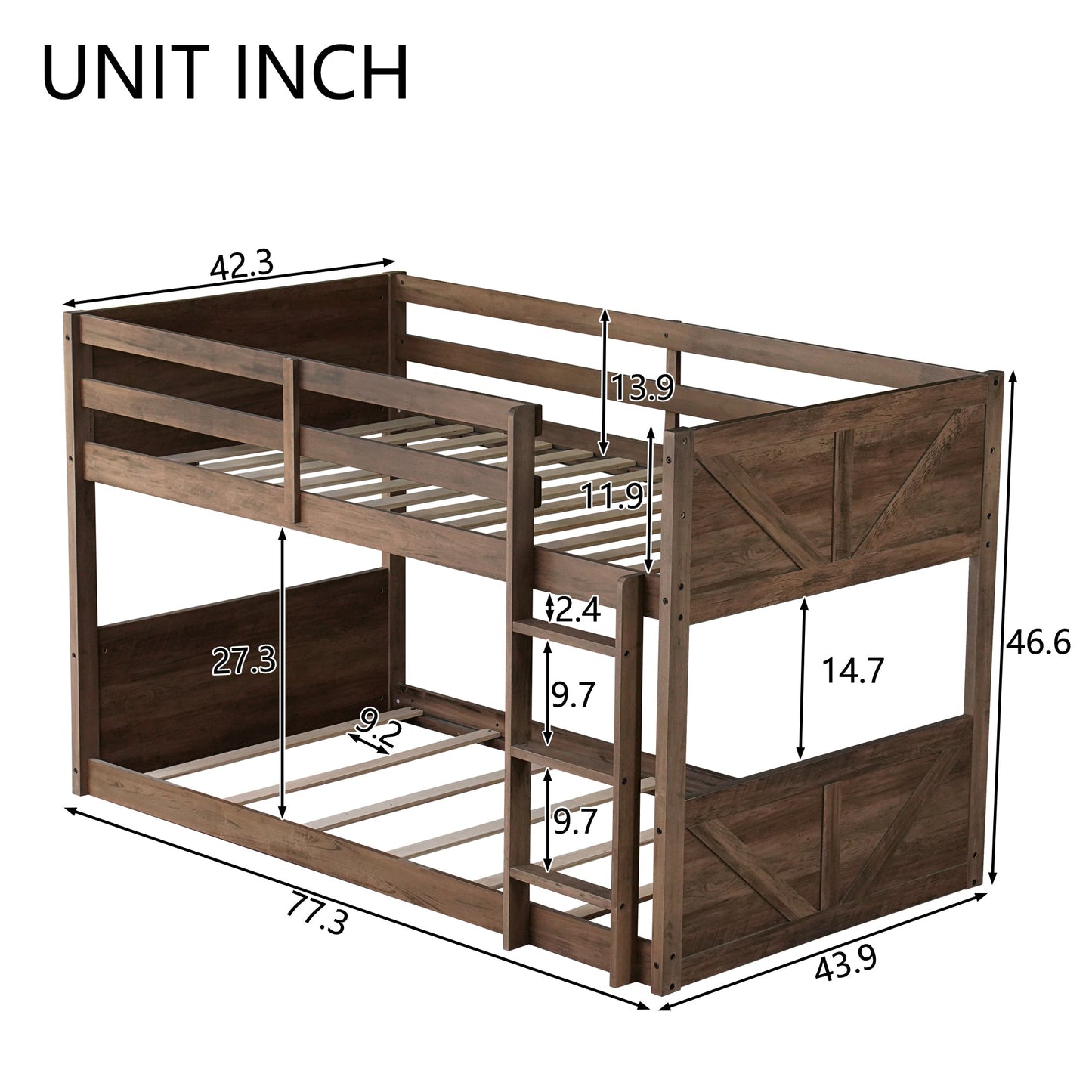 Twin over Twin Floor Bunk Bed with Panelled Headboard and Footboard, Solid Rubber Wood Foundation with Safety Guardrails, Built - in ladder,Antique Oak - 1st Choice Furniture Direct