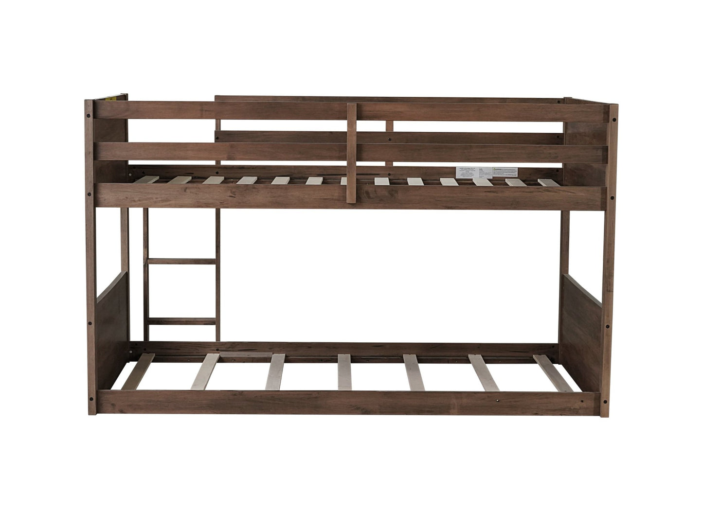 Twin over Twin Floor Bunk Bed with Panelled Headboard and Footboard, Solid Rubber Wood Foundation with Safety Guardrails, Built - in ladder,Antique Oak - 1st Choice Furniture Direct