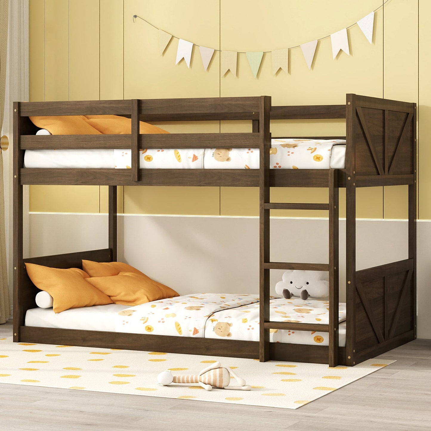 Twin over Twin Floor Bunk Bed with Panelled Headboard and Footboard, Solid Rubber Wood Foundation with Safety Guardrails, Built - in ladder,Antique Oak - 1st Choice Furniture Direct