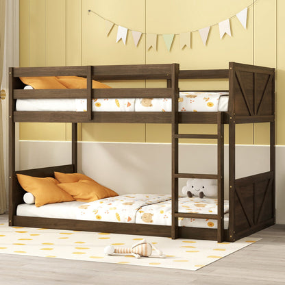 Twin over Twin Floor Bunk Bed with Panelled Headboard and Footboard, Solid Rubber Wood Foundation with Safety Guardrails, Built - in ladder,Antique Oak - 1st Choice Furniture Direct