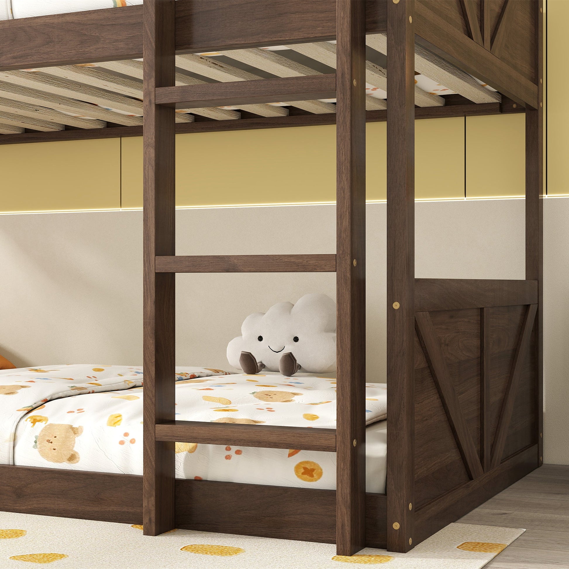 Twin over Twin Floor Bunk Bed with Panelled Headboard and Footboard, Solid Rubber Wood Foundation with Safety Guardrails, Built - in ladder,Antique Oak - 1st Choice Furniture Direct