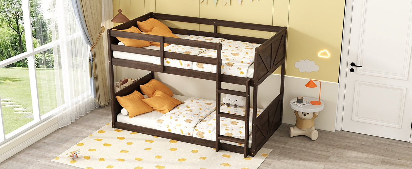 Twin over Twin Floor Bunk Bed with Panelled Headboard and Footboard, Solid Rubber Wood Foundation with Safety Guardrails, Built - in ladder,Antique Oak - 1st Choice Furniture Direct