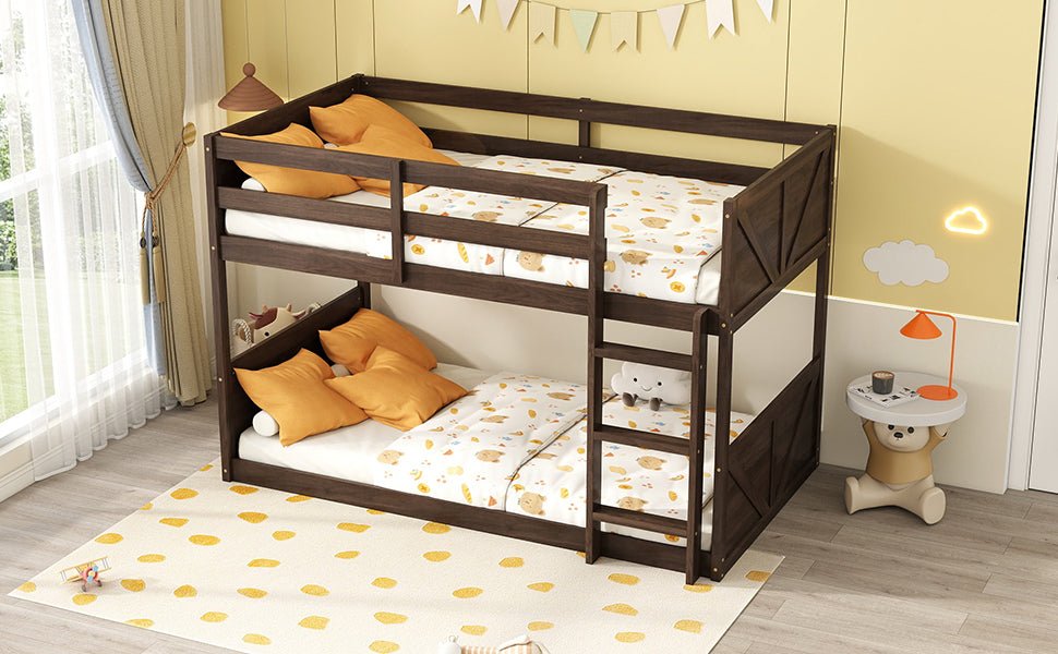 Twin over Twin Floor Bunk Bed with Panelled Headboard and Footboard, Solid Rubber Wood Foundation with Safety Guardrails, Built - in ladder,Antique Oak - 1st Choice Furniture Direct