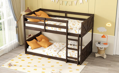 Twin over Twin Floor Bunk Bed with Panelled Headboard and Footboard, Solid Rubber Wood Foundation with Safety Guardrails, Built - in ladder,Antique Oak - 1st Choice Furniture Direct